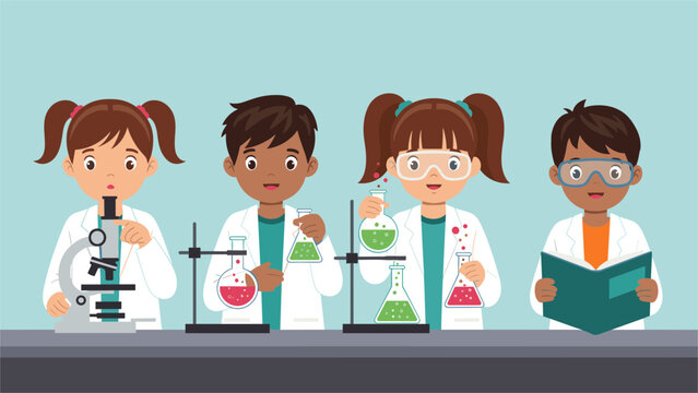 Group of four clever primary school kids in lab coats doing chemistry and biology experiments in a science lab.