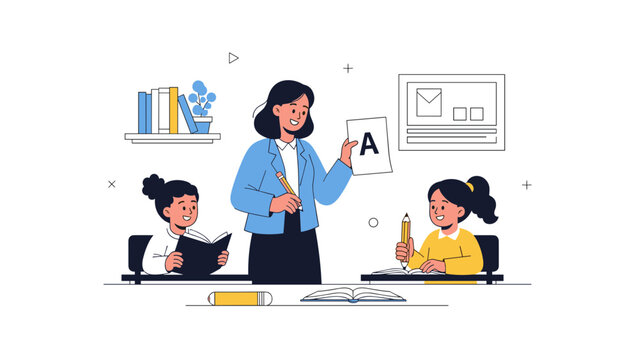 Dedicated female teacher showing a letter A flashcard to two female primary school students in a classroom.