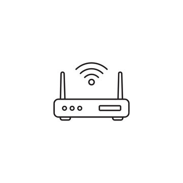 Wireless router icon with two antennas, status lights and WiFi signal above the device in clean black outline on white background