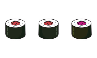Three maki sushi rolls with rice and fish filling, delicious japanese food vector illustration © Taky