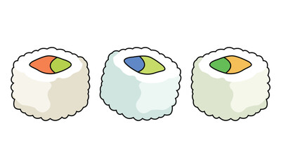 Three delicious maki sushi rolls with colorful fillings like salmon, avocado, and tuna © Taky