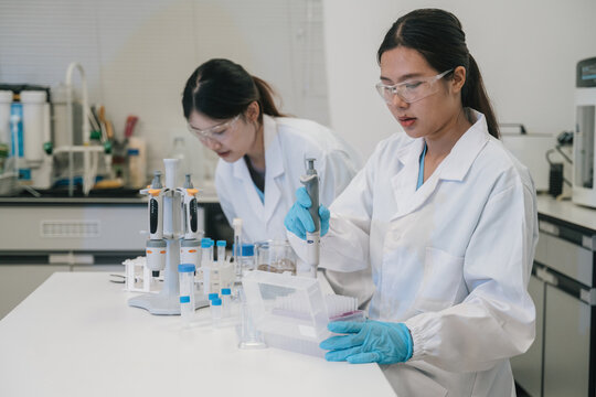 Two Asian Female Scientists Working in Laboratory with Pipettes and Test Tubes for Biomedical Research