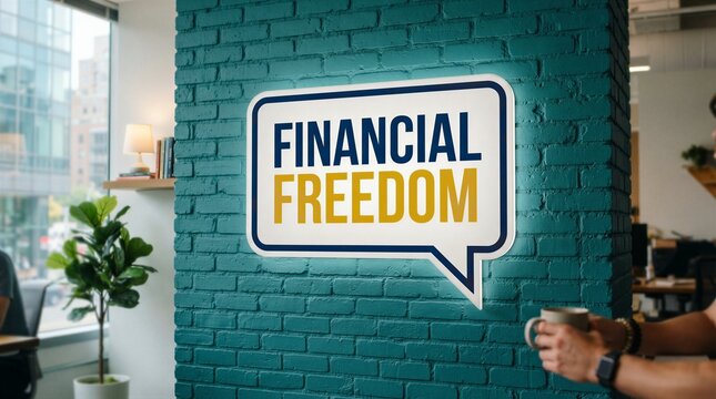 Teal brick wall holds a bold speech bubble sign. Words declare financial freedom with vibrant blue and yellow. Hand holds a warm drink near the sign. Modern office space with natural light