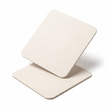 Blank square beer coasters mockup, white cardboard drink mats with rounded corners, textured paper beverage coasters for branding and logo design