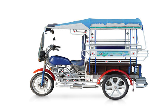 side view blue and brown traditional Thai motorized three-wheeled rickshaw, commonly known as a Skylab or local Tuk-Tuk, white background, object, transportation, comfortable, copy space