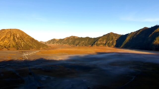 Aerial view of Mount Bromo volcanic landscape in Indonesia.