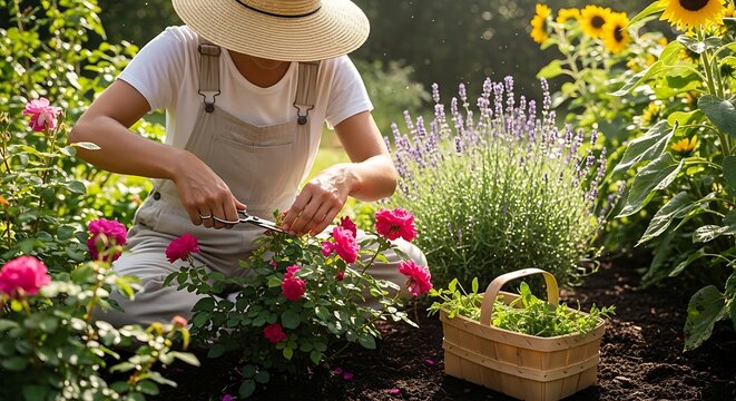 Person wearing overalls and a straw hat caring for rose plants and flowers in a sunny nature garden