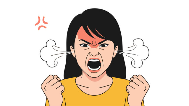 Furious young woman shouting in anger with a red face and steam blowing out of her ears on a white background.