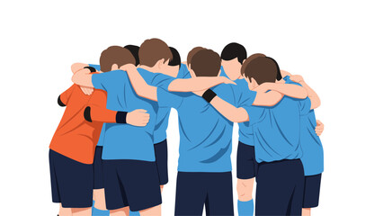 Obraz premium Football team players in blue uniforms huddling together with their goalie before a match in cartoon style.