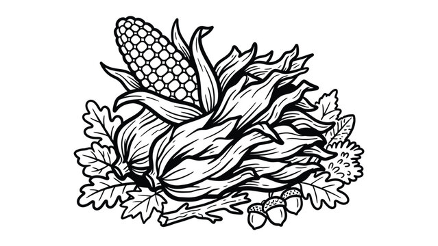 Harvest Bounty Illustration: A stylized black and white illustration depicts a collection of ripe corn cobs, oak leaves, and acorns, representing a bountiful harvest.