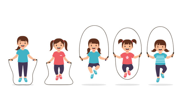 Continuous frames of young cartoon girls skipping rope showing different steps and movements of the game.