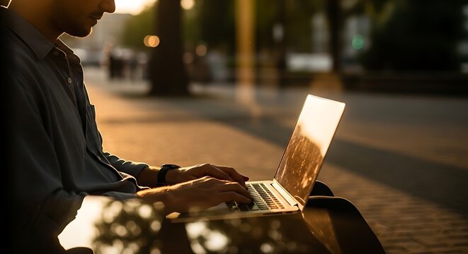 Man working on a laptop outdoors during golden hour, with warm sunlight reflecting on the screen and his hands typing