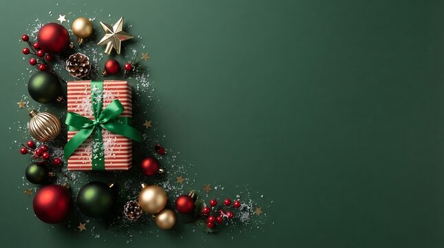 Festive gift box surrounded by holiday ornaments on dark green background with copy space