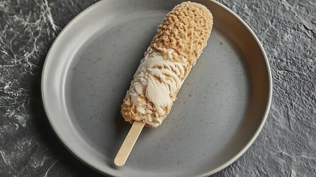 Overhead view of a delicious creamy vanilla ice cream bar on a stick coated with crunchy biscuit crumbs served on a grey plate over dark stone table