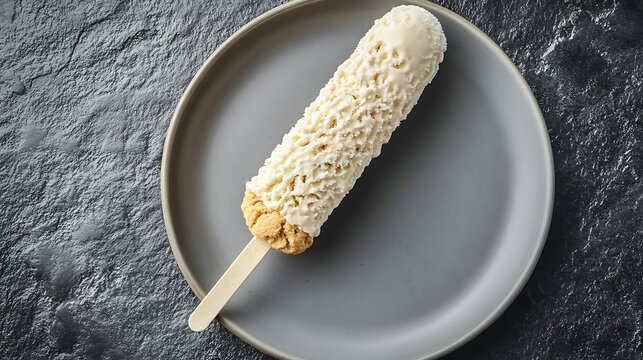 Overhead top down shot of a creamy white popsicle treat with crunchy texture served on a minimalist grey ceramic plate against dark slate backdrop