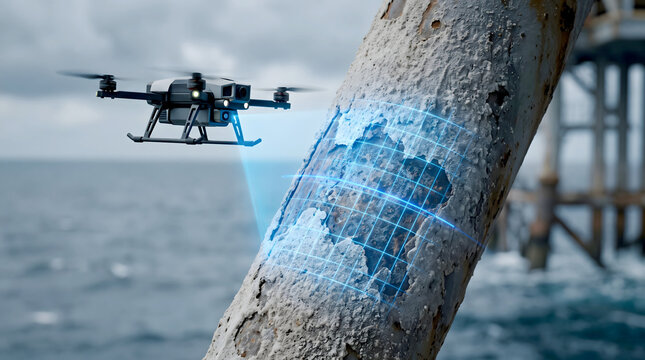 Offshore platform leg inspection performed by advanced quadcopter drone over the ocean.
