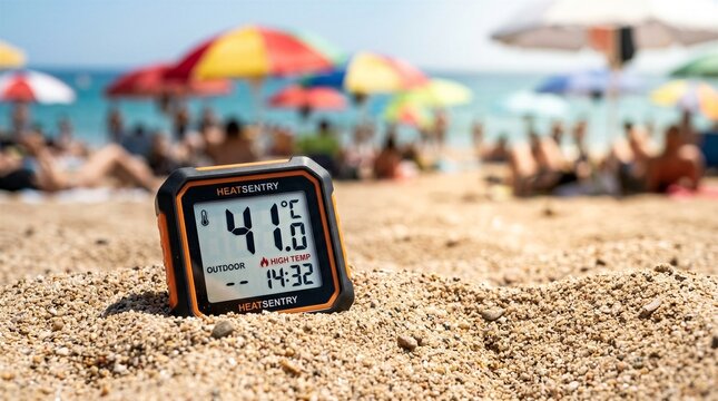 Digital thermometer rests in golden sand. Bright beach umbrellas dot the sunny scene. People relax, soaking in warm, sun-drenched air. Temperature reads forty-one degrees