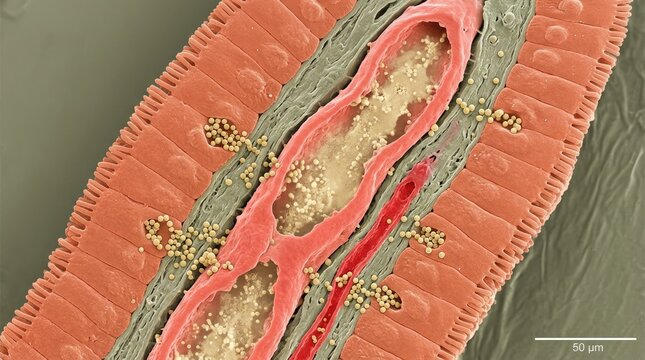 Intestinal lacteal cross section, showing central translucent lymphatic capillary, filled with chyle, surrounded by columnar enterocyte layer, lamina propria connective tissue, microvilli border.