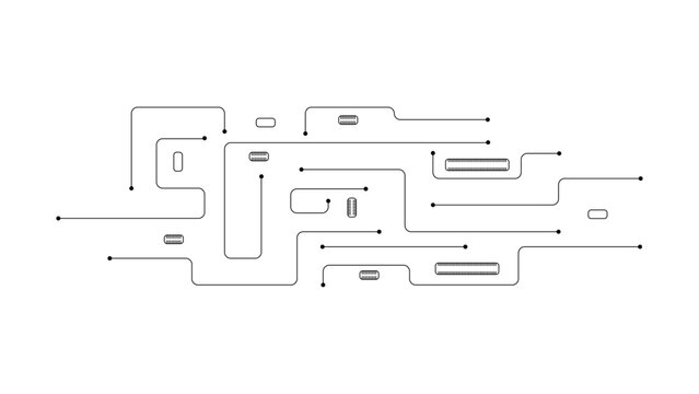 Abstract Circuit Board Line Background with Minimal Black Paths and Electronic Connection Nodes.
Minimal Technology Circuit Pattern with Thin Black Lines, Rounded Paths and Connection Points.