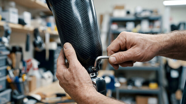 Prosthetic limb technician carefully adjusts carbon fiber artificial leg components in workshop.