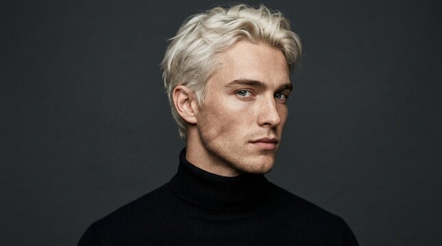 Blonde Man with Turtleneck, Serious Expression, Studio Portrait