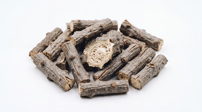 Dried Giloy stems for ayurvedic medicine, Tinospora Cordifolia herbal wood pieces, organic medicinal plant roots for immune system health isolated PNG with Transparent Background