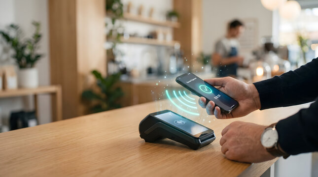 Contactless Smartphone Payment with NFC Card Reader in Modern Cafe