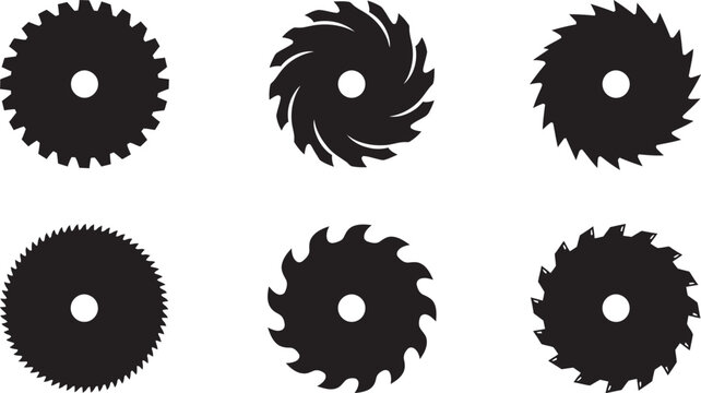 Set of Six Circular Saw Blade Silhouettes with Different Tooth Patterns on White Background
