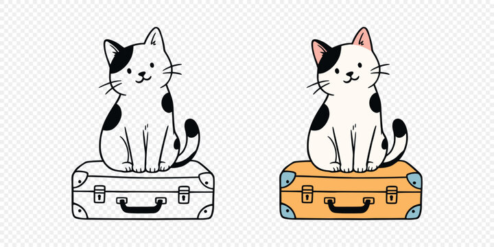 Cat on Suitcase Vector Illustration. Cute Cat Sitting on Suitcase. Travel Pet Clipart in Line Art and Colored Styles for Vacation, Luggage, Journey, Tourism, Sticker, Nursery, Print Design