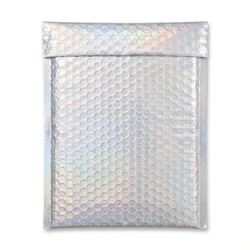 Holographic silver bubble mailer on white background, iridescent metallic padded envelope, shiny protective shipping bag for ecommerce packaging