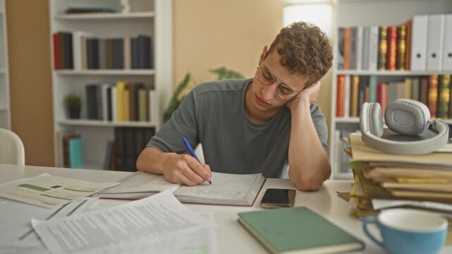 Man writing in notebook, head resting on hand at a cluttered desk with papers, books and headphones inside a building study area; tired focus.