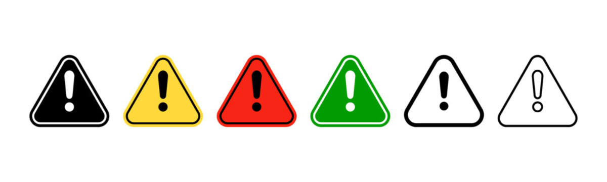 Warning triangle icon set with exclamation caution illustration, black, yellow, red, green, and outline styles. Safety notice, hazard alert, risk prevention, emergency and attention symbol