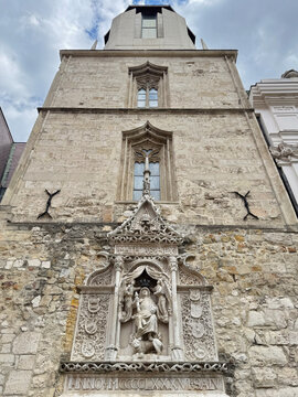Matthias Rex Monument relief on Magdalene Tower wall in Budapest, Hungary