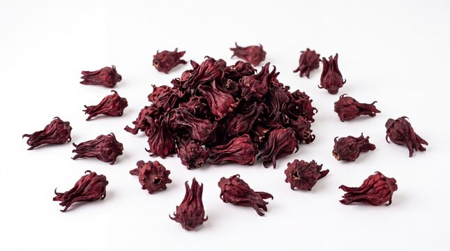 Dried hibiscus flowers for herbal tea, organic roselle calyx pile, deep red hibiscus sabdariffa petals for healthy infusion and culinary use isolated PNG with Transparent Background