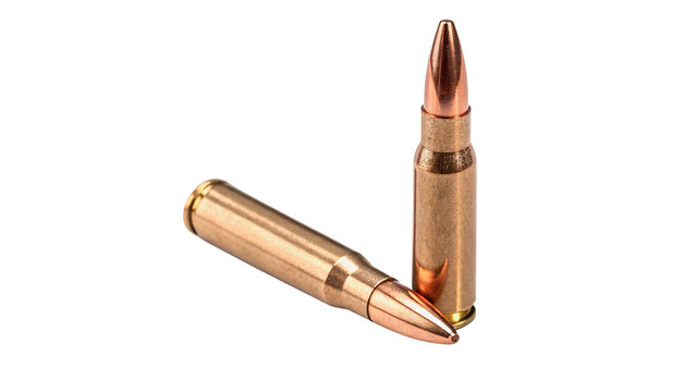 Two metallic rifle bullets ammunition cartridges isolated on transparent background.