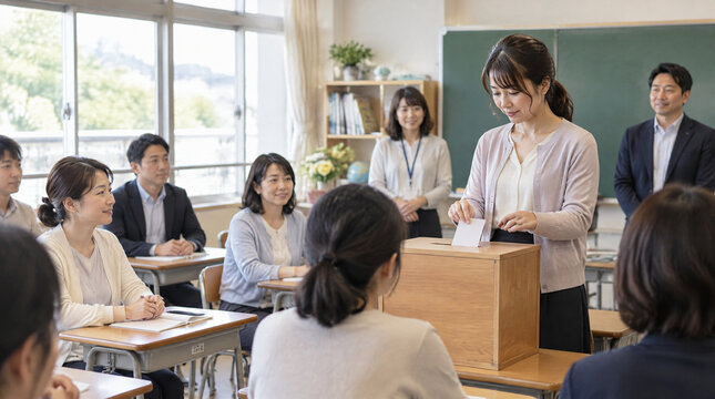 教室で投票箱に投票する人々