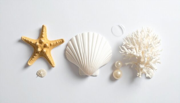 Marine shells, coral, starfish, sand dollars on white background