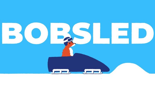 Horizontal 4K loop video. White text Bobsled. Cartoon animation with orange fox with helmet jumps into blue rides down from white snow hill. Athlete won. Bobsleigh, win, winter extreme sport concept