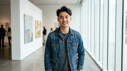 Fototapeta premium Young Asian Man Smiling in Modern Art Gallery