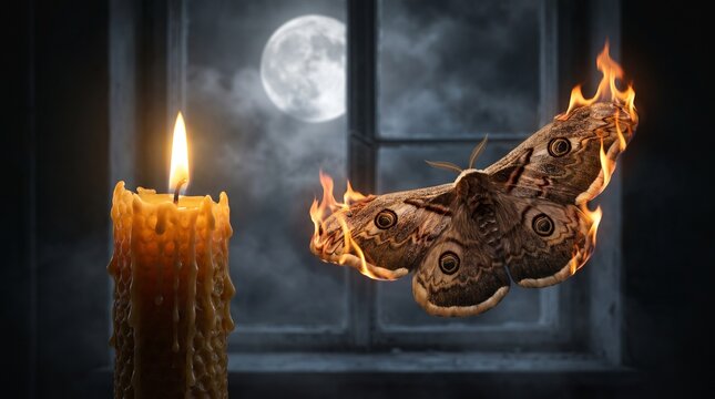 A burning moth flying near a lit beeswax candle by a window at night with a full moon