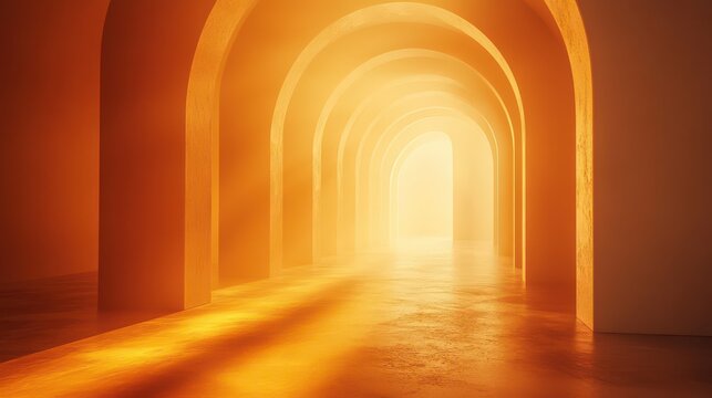 Warm glowing hallway with multiple arches and bright light at the end in warm tones