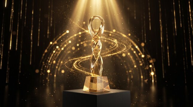 A golden abstract trophy sits on a pedestal under bright spotlights against a dark background