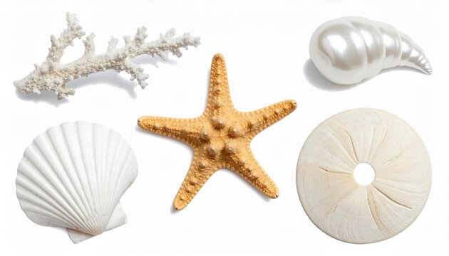 Marine objects with starfish, coral, shell, pearl, sand dollar