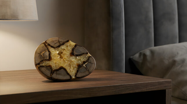 Septarian nodule slice displayed on rustic wooden surface for geological study with natural lighting