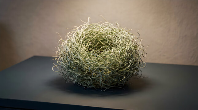 Dried spanish moss ball resting on dark flat surface with soft diffused lighting