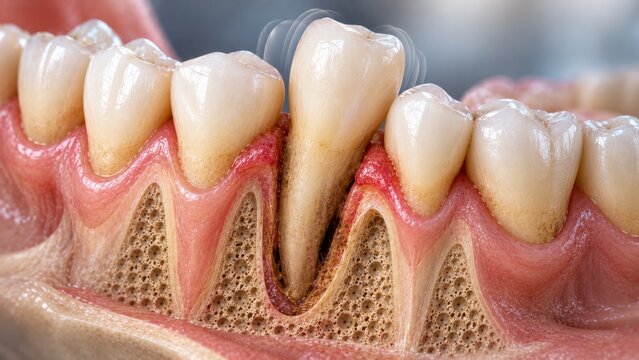 Loose tooth illustration showing gum recession and bone loss due to periodontitis.
