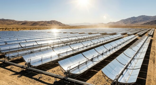 Expansive solar farm with vast parabolic troughs harnessing intense sunlight in a desert landscape