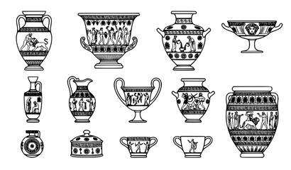 Ancient Greek Pottery Vessels Outline Vector Collection with Amphora Krater and Hydria © Aslam