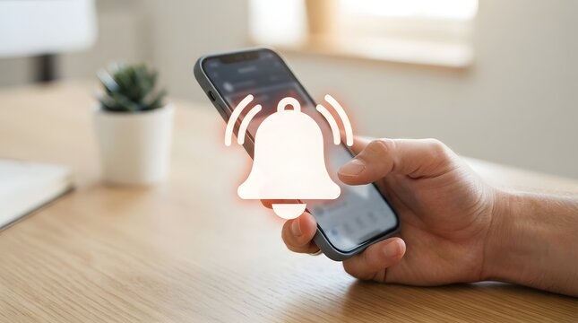 Close up of a hand holding a smartphone with a glowing notification bell icon overlay on a wooden desk background, representing mobile alerts, messages, and digital reminders.