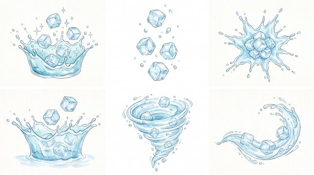 Watercolor illustrations of ice cubes splashing in water